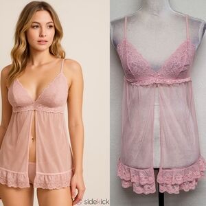 Victoria's Secret Y2K Vintage Pink Sheer Lace Mesh Open Front Babydoll Lingerie